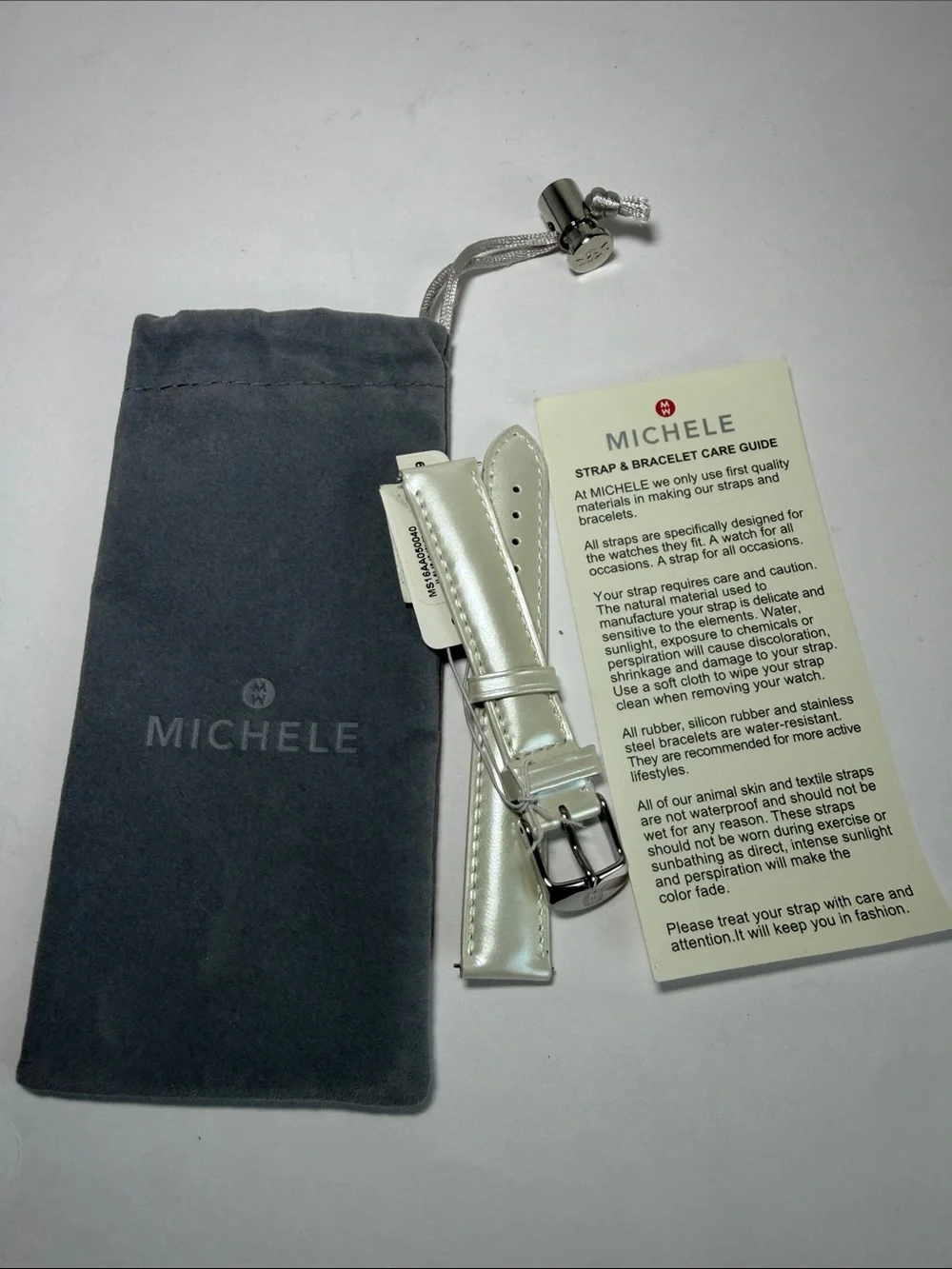 Michele Glossy Pearl White Genuine Leather Watch Strap with Silver Buckle